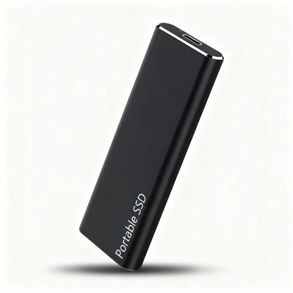 Black portable SSD on a white background