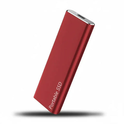 Red portable SSD on a white background
