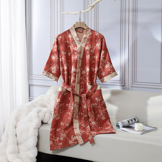 Comfy Floral Kimono Robe - Lightweight Cotton - Pexav