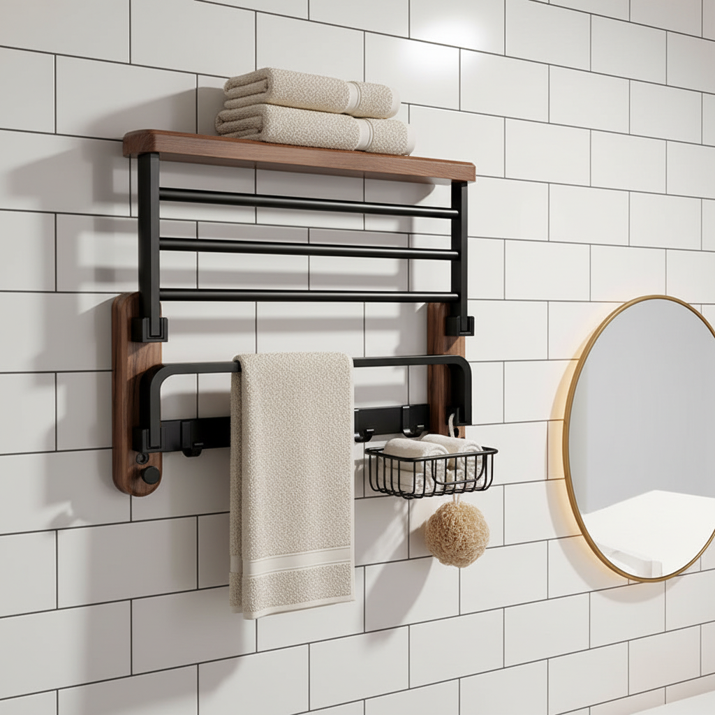 Space-saving wooden wall towel holder - Pexav