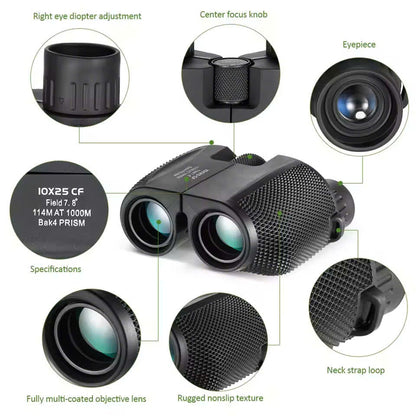 Waterproof High-Power Night-Vision Binoculars for Adults and Kids with 10×25 Magnification, Carrying Strap, Storage Pouch