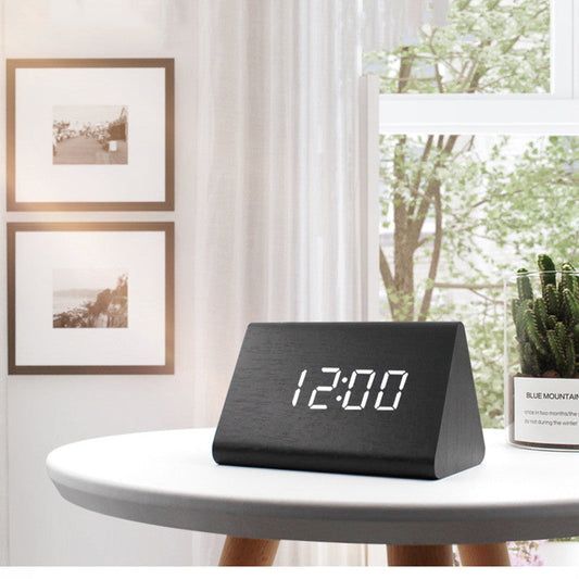 Stylish Wood Triangle Clock - LED Digital Alarm with Touch Control - Pexav