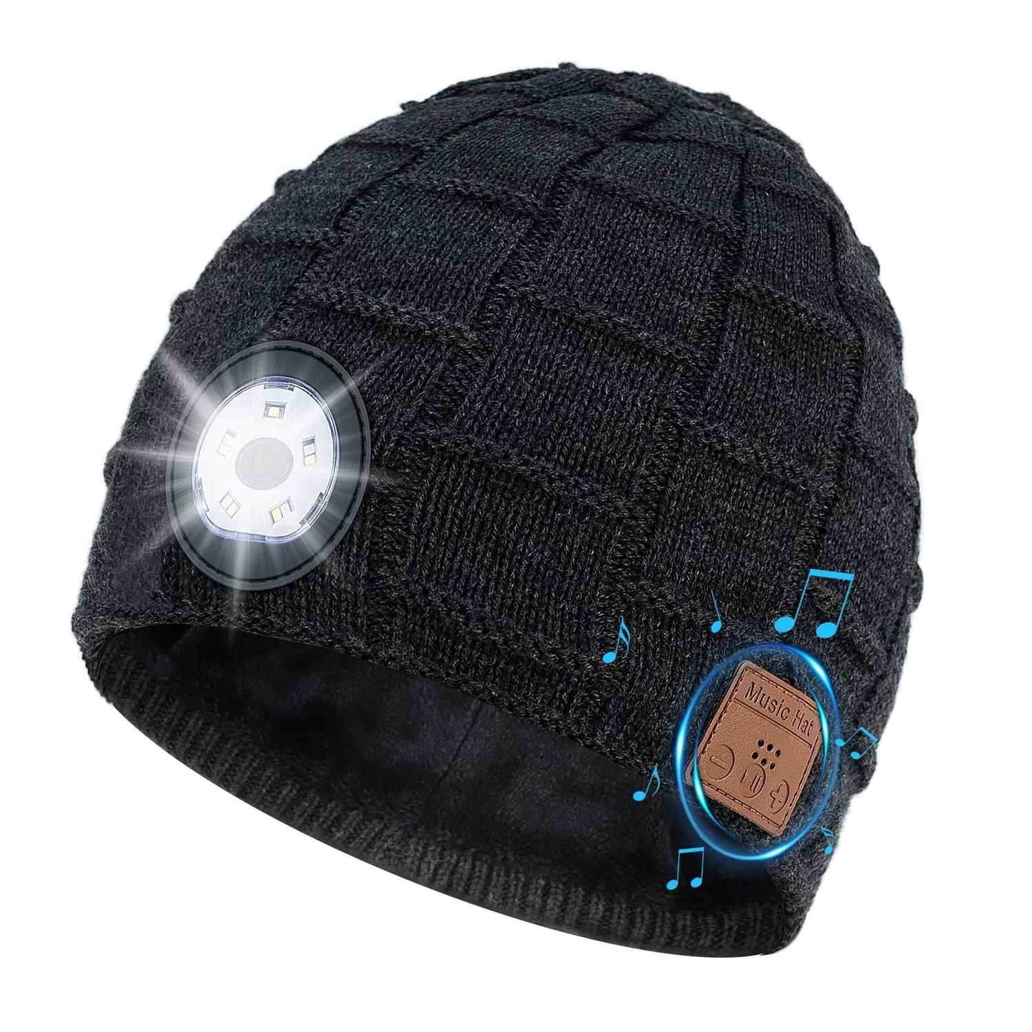 Warm Beanie with Cordless Headphones and Flashing LED Light - Pexav