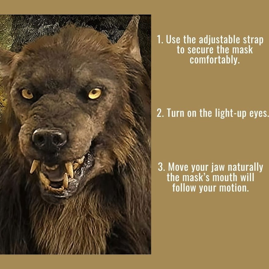 Wolf Mask Halloween Costume Accessory with Glowing Eyes, Movable Jaw, and Adjustable Strap