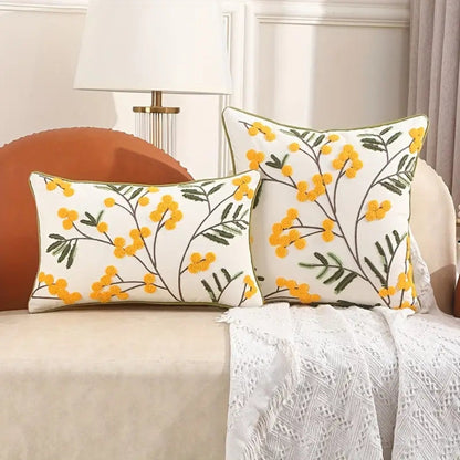Yellow Bloom Leaf Embroidery Cushion Cover – Soft Microfiber Blend with Hidden Zipper, Machine Washable, 18x18 and 12x20 Compatible 2