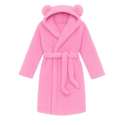 Pink children's robe with bear ears on a white background