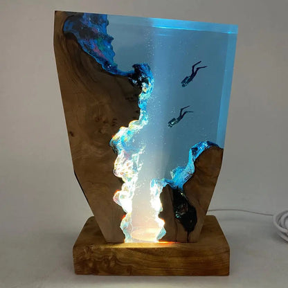 Coastal Theme Wood Table Lamp with Underwater Decor
