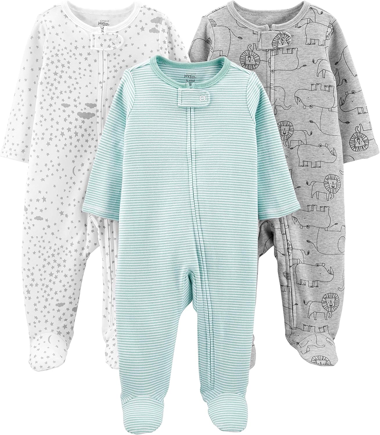 Baby 3-pack winter sleep and play set-Green Stripe/Gray Lion/White Stars-Newborn-Nora Luxe