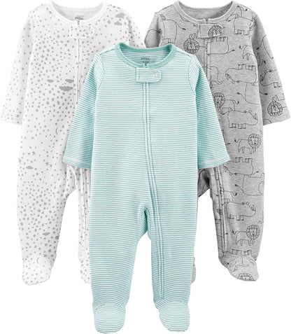 Baby 3-pack winter sleep and play set-Green Stripe/Gray Lion/White Stars-Newborn-Nora Luxe