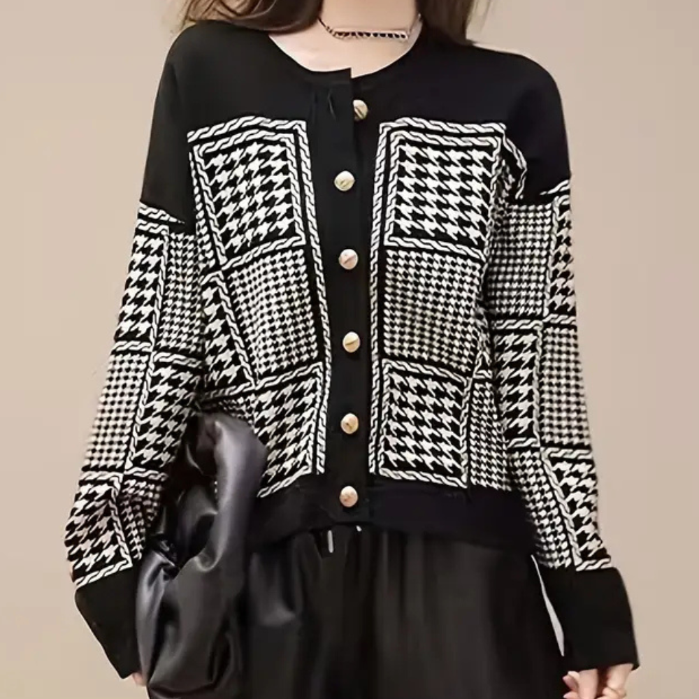 Classic Houndstooth Women's Cardigan Sweater - Pexav