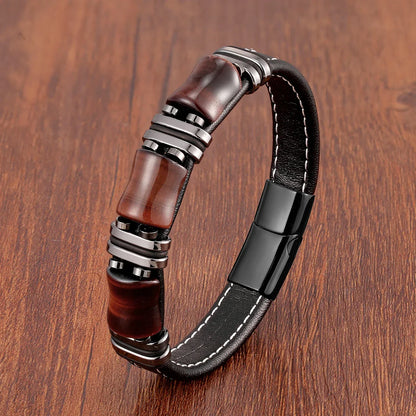 Brown Genuine Leather Gemstone Bracelet