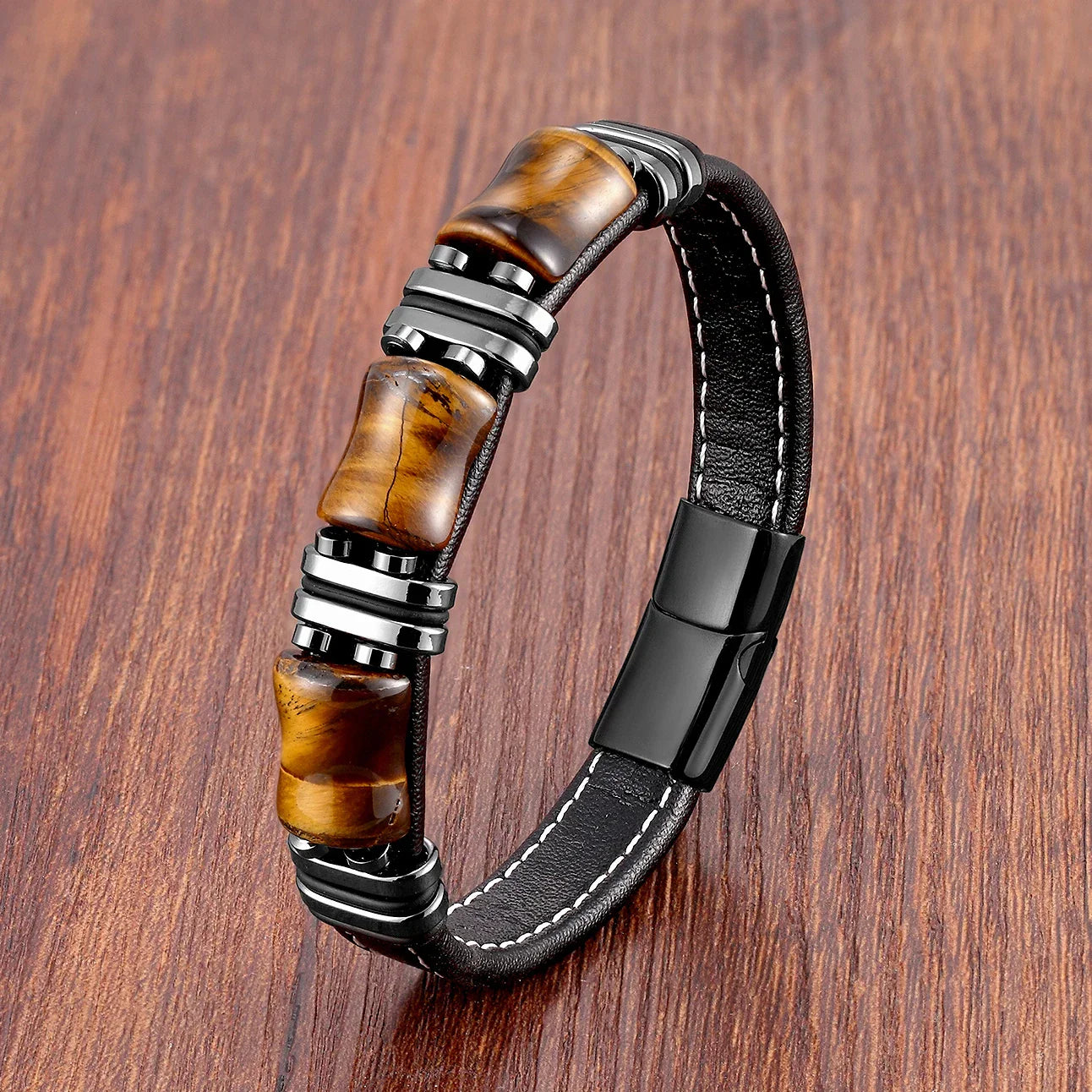Brown Genuine Leather Gemstone Bracelet