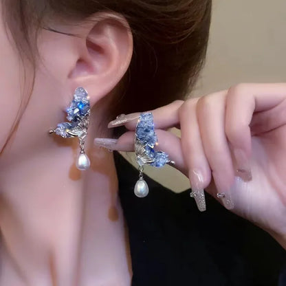 Sparkling Silver Butterfly Earrings with White Pearl Drops - Pexav