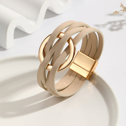 Bohemian Double Circle Leather Bracelet | Women's Fashion Jewellery-Beige-Nora Luxe