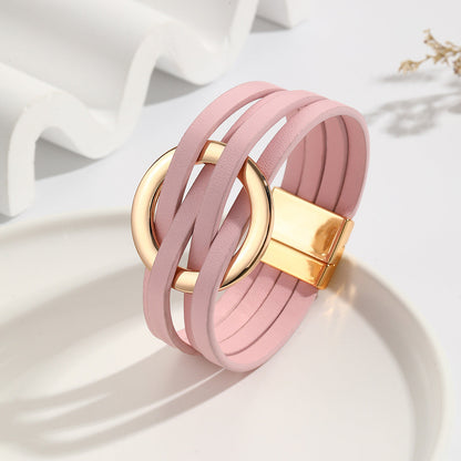 Chic Double Circle Leather Cuff Bracelet - Pexav
