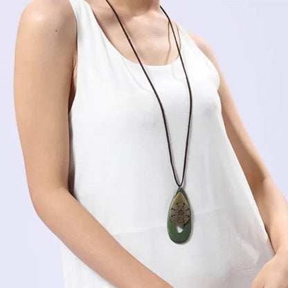 Bohemian Oval Wood Necklace | Natural Charm | Eco-Friendly-Green-Nora Luxe