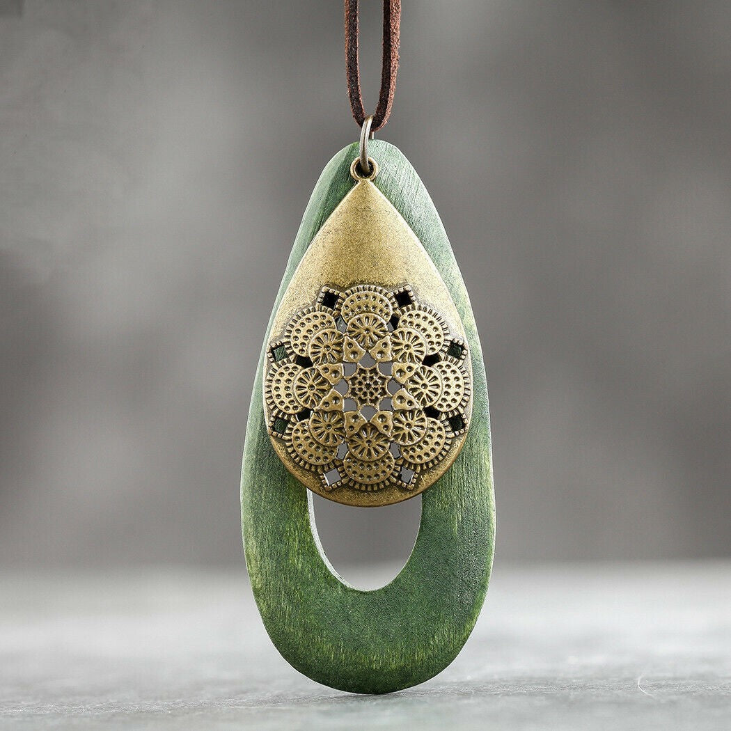 Rustic Wooden Oval Pendant Necklace - Pexav