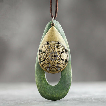 Rustic Wooden Oval Pendant Necklace - Pexav