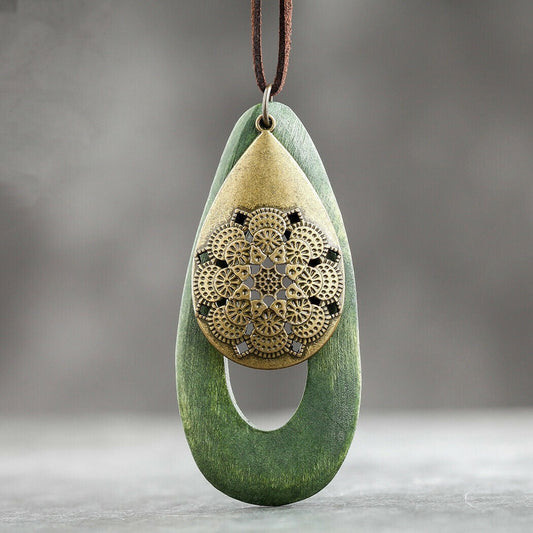 Rustic Wooden Oval Pendant Necklace - Pexav