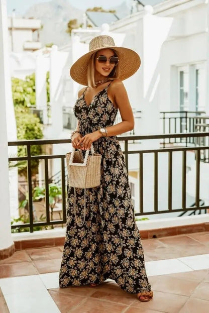 Boho maxi dress with floral pattern for summer - Yara-Black-S-The Livary