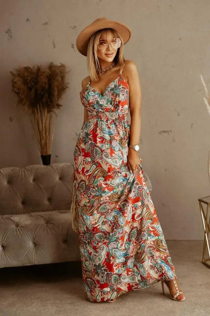 Boho maxi dress with floral pattern for summer - Yara-Orange-S-The Livary
