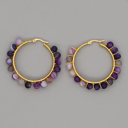 Boho Natural Crystals Large Hoop Earrings - Sanne-Purple Malachite-Nora Luxe