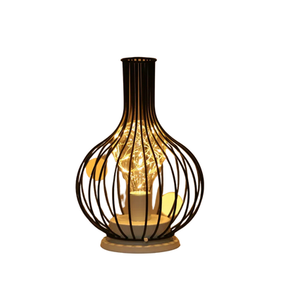 Decorative lamp with wire cage design on a white background