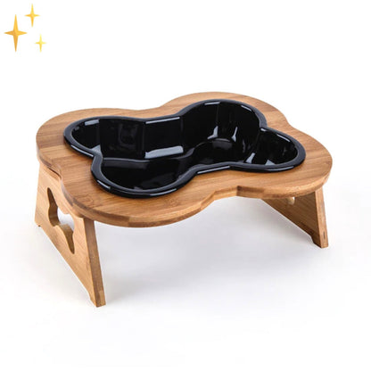Ceramic Dog Food Bowl with Wooden Stand - BoneFeast-Black-Nora Luxe
