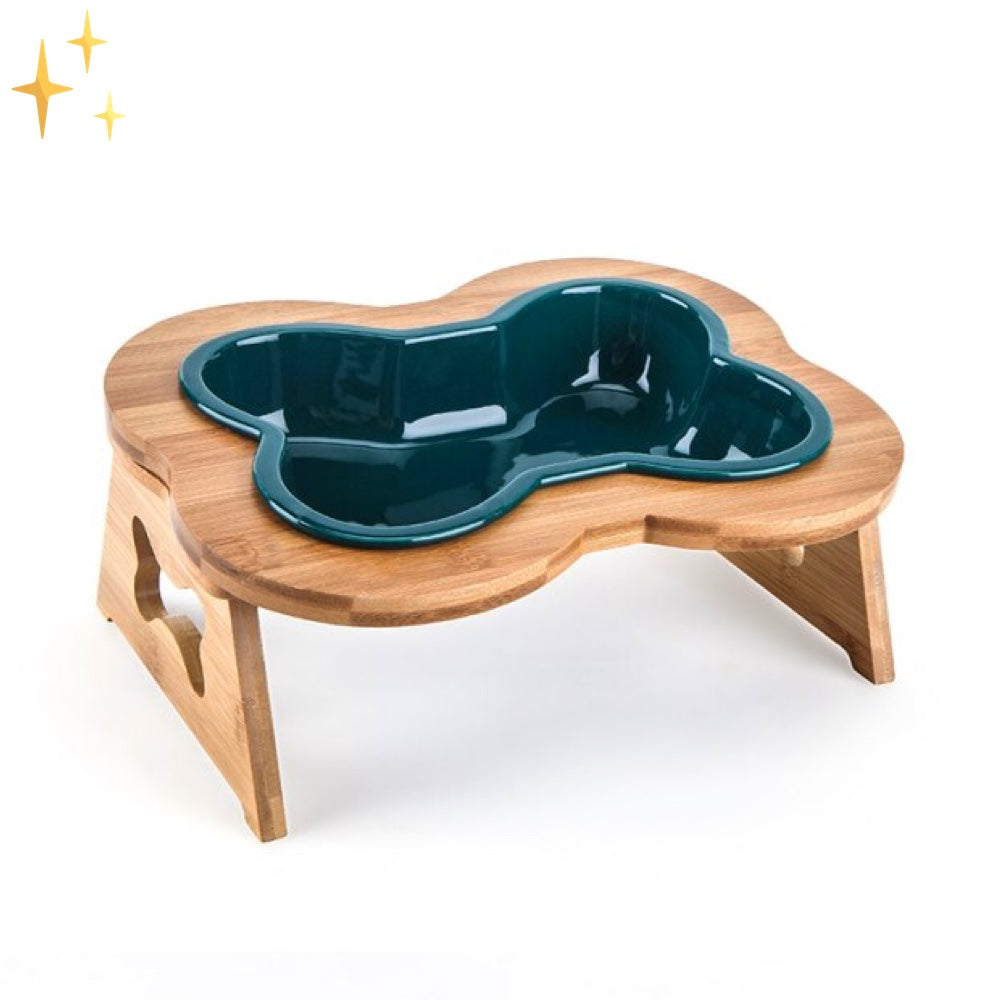 Ceramic Dog Food Bowl with Wooden Stand - BoneFeast-Green-Nora Luxe