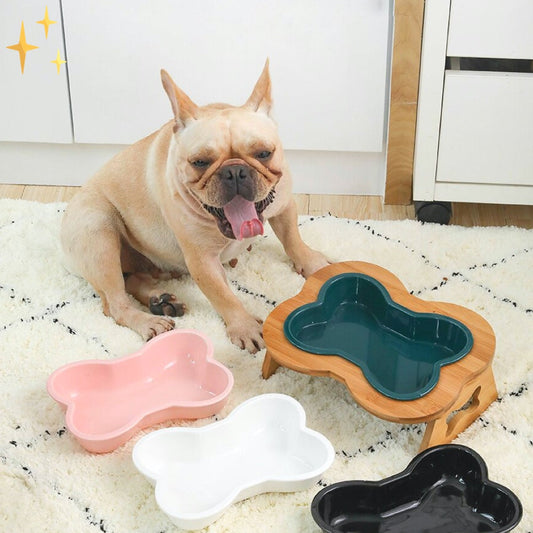 Pet Wooden Elevated Ceramic Dog Bowl Feeder - Pexav