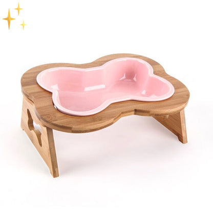 Ceramic Dog Food Bowl with Wooden Stand - BoneFeast-Pink-Nora Luxe