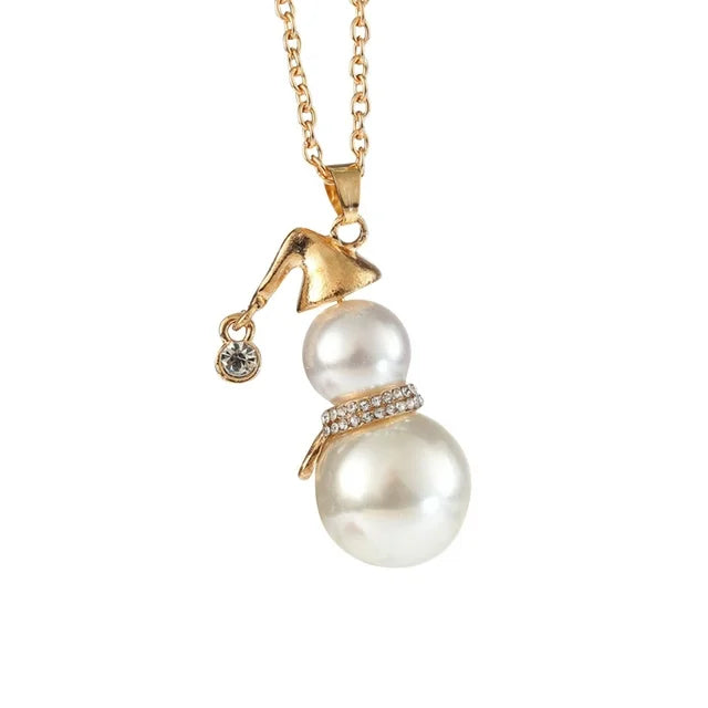 Winter Snowman White Pearl Necklace - Pexav