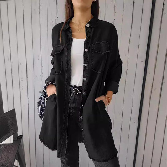 Soft Fake Jean Button Down Shirt - Pexav