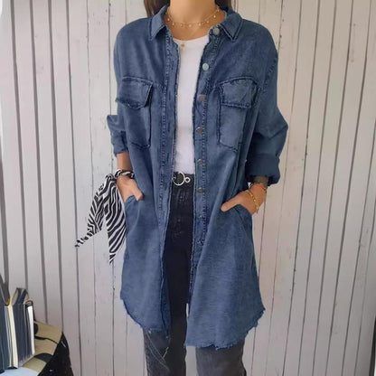 Comfortable Faux Denim Shirt - Sophie-Dark Blue-M-Nora Luxe