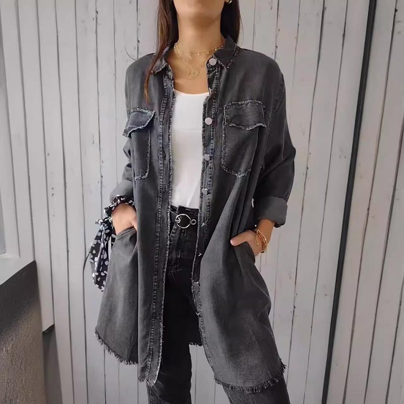 Comfortable Faux Denim Shirt - Sophie-Dark Gray-M-Nora Luxe