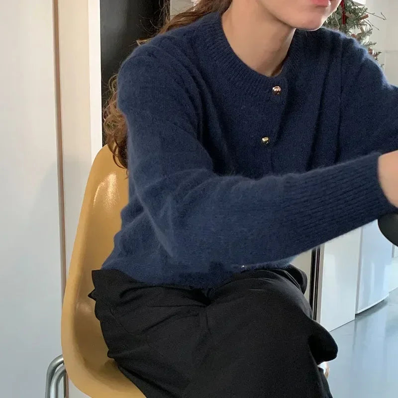 Comfortable Knitted Women's Cardigan with O-neck - Emilia-Dark Blue-S-Nora Luxe