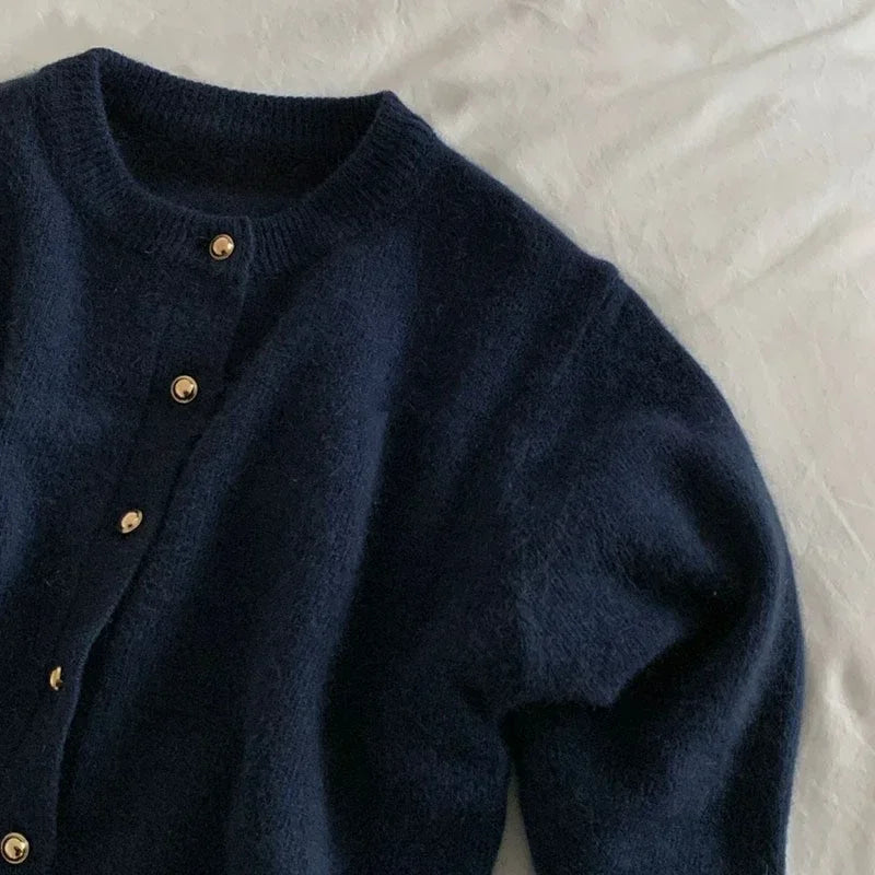 Comfortable Knitted Women's Cardigan with O-neck - Emilia-Dark Blue-S-Nora Luxe