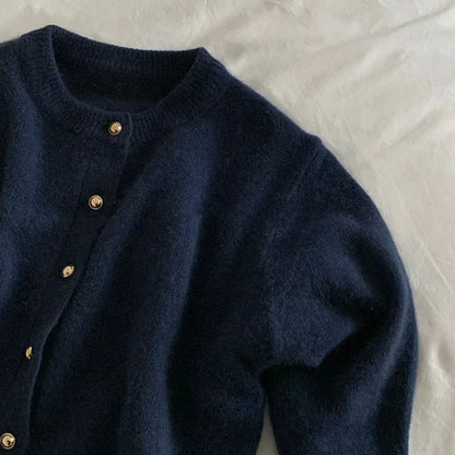 Comfortable Knitted Women's Cardigan with O-neck - Emilia-Dark Blue-S-Nora Luxe