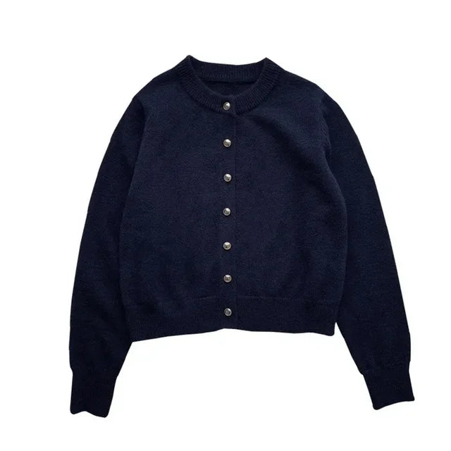 Comfortable Knitted Women's Cardigan with O-neck - Emilia-Dark Blue-S-Nora Luxe