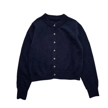 Comfortable Knitted Women's Cardigan with O-neck - Emilia-Dark Blue-S-Nora Luxe