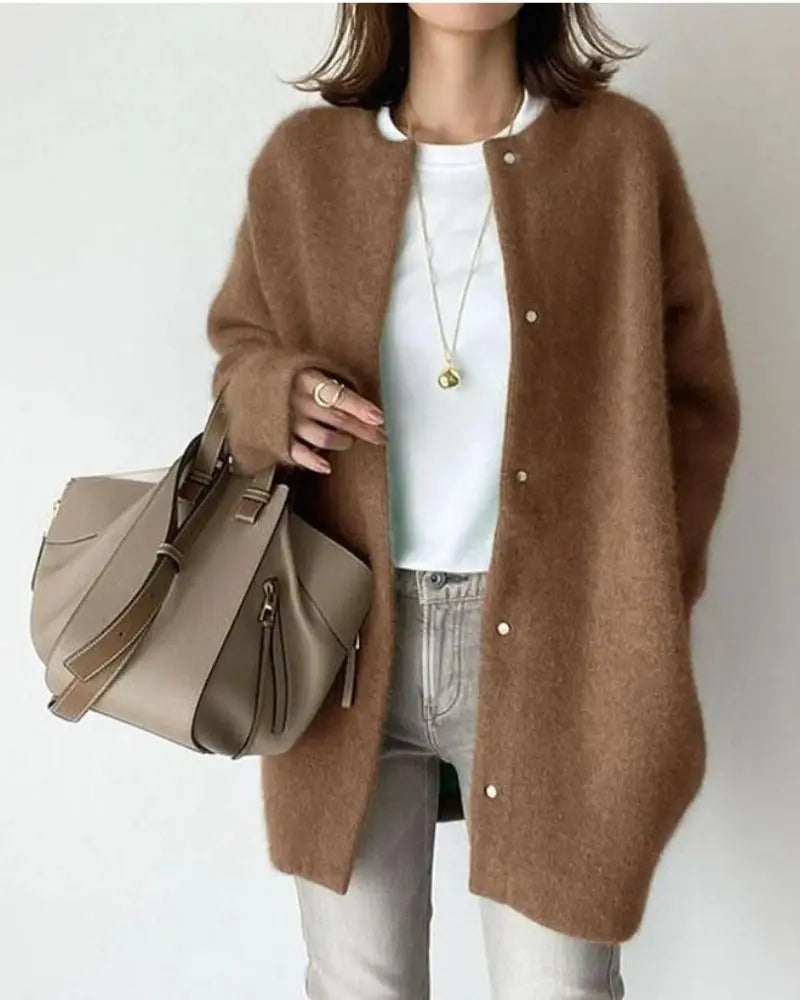 Comfortable Ladies' Jacket made of Wool and Mohair - Eloise-Khaki-S-Nora Luxe