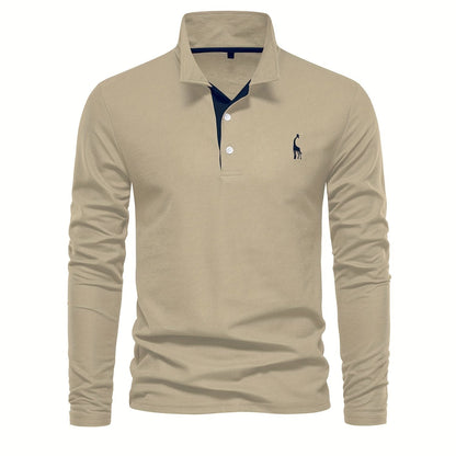 Comfortable Men's Polo with Long Sleeves-Khaki-S-Nora Luxe