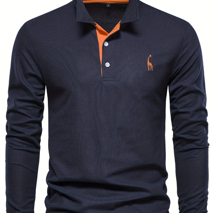 Comfortable Men's Polo with Long Sleeves-Marine Blue-S-Nora Luxe