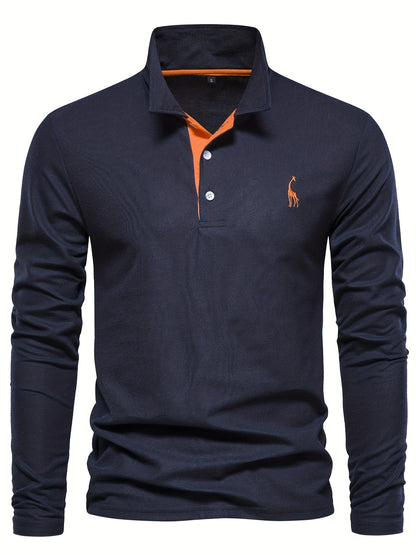 Comfortable Men's Polo with Long Sleeves-Marine Blue-S-Nora Luxe