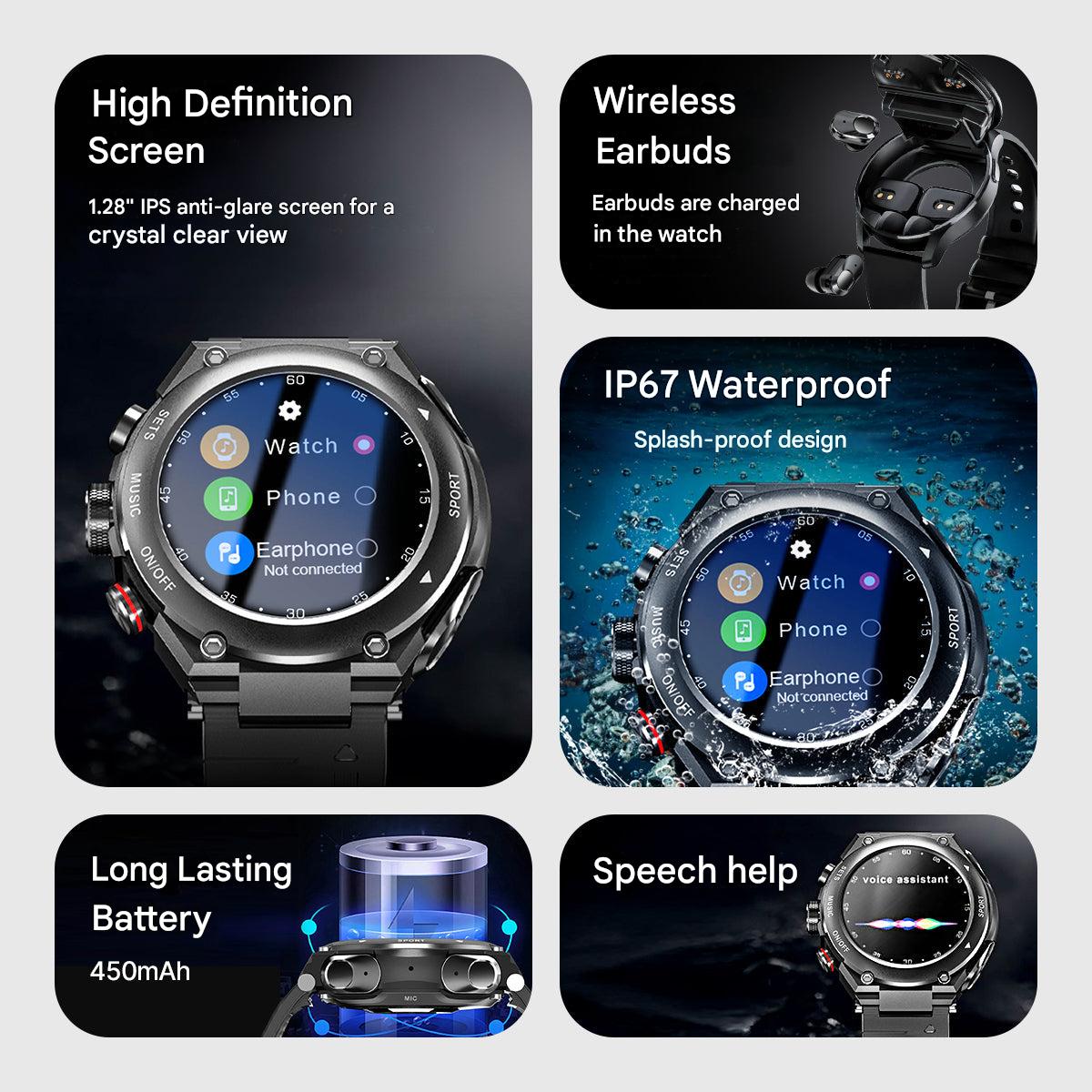 Complete Smartwatch with Integrated Wireless Earbuds - AlphaX-Black-Nora Luxe