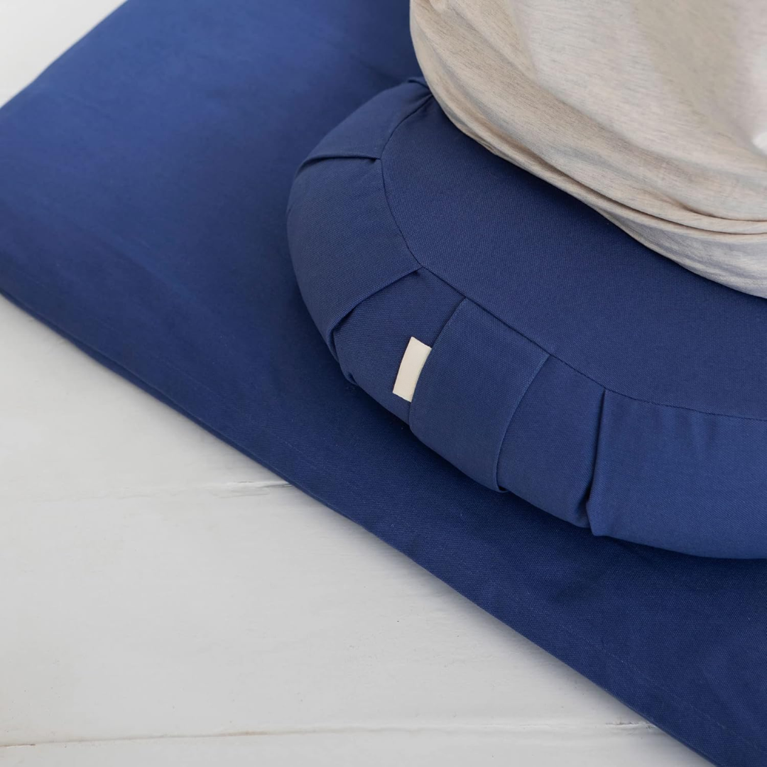 Curved Organic Cotton Meditation Cushion with Washable Cover-Blue-Nora Luxe