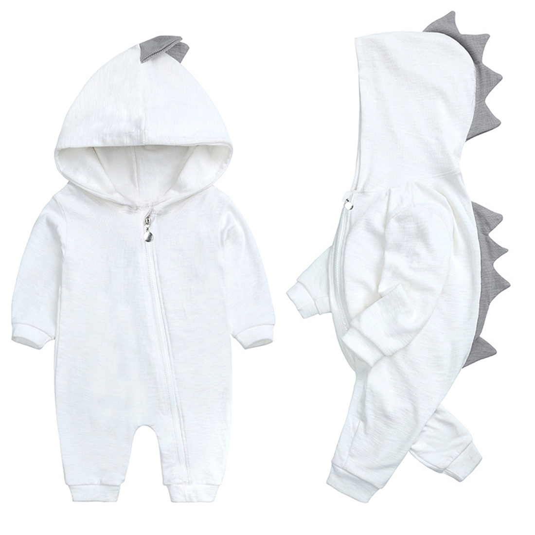 Cute Baby Onesie with Dinosaur Hood - DinoDream Onesie-White-0-3 Months-Nora Luxe