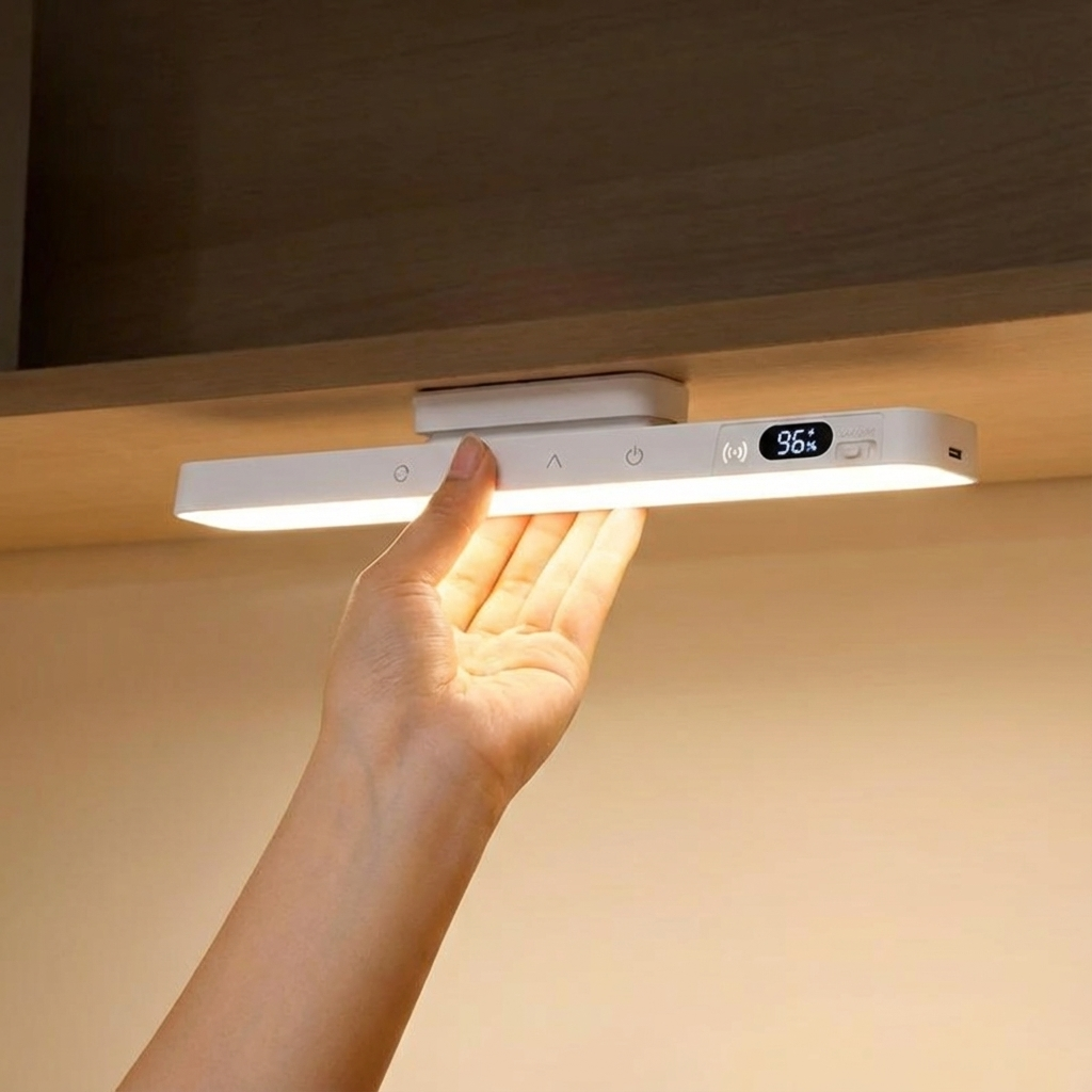 Hand holding a small LED light bar with digital display against a wooden surface