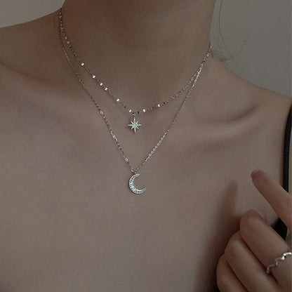 Simple Silver Double Moon Pendant Necklace
