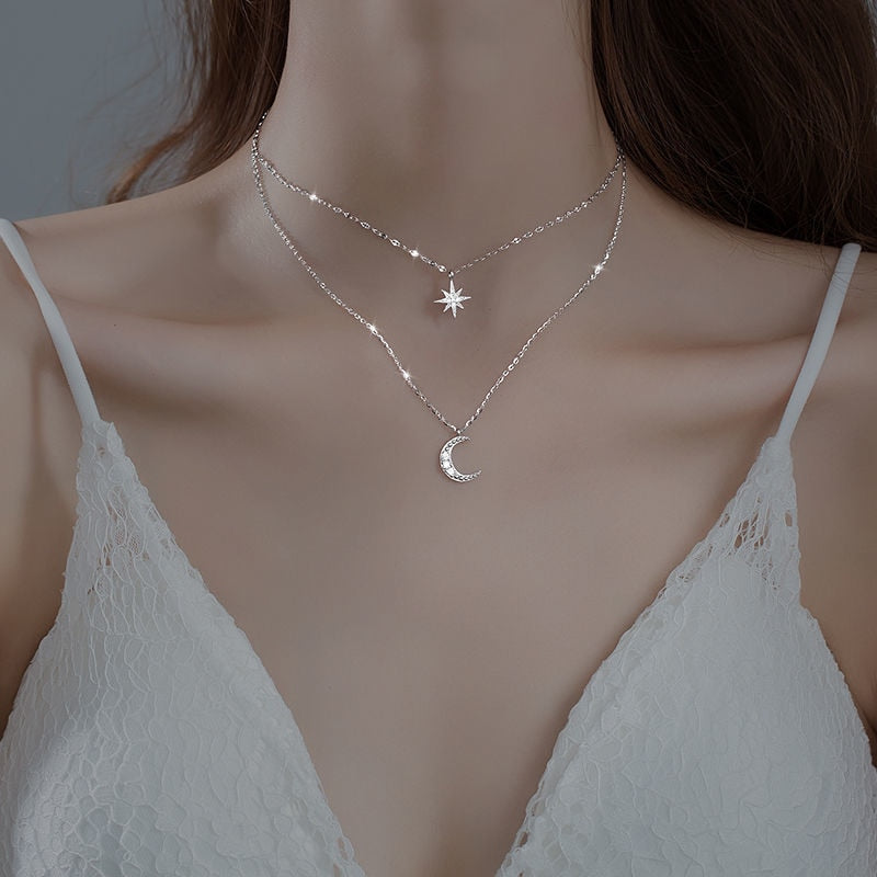 Simple Silver Double Moon Pendant Necklace